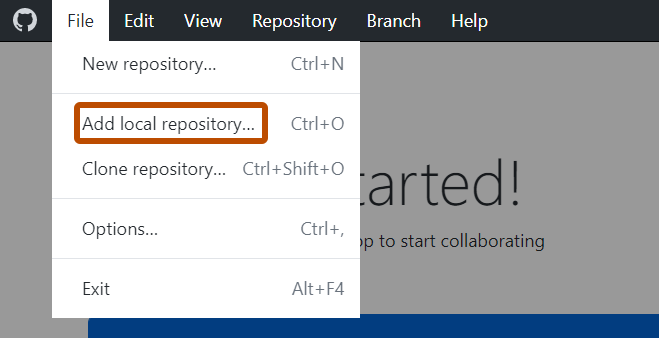Windows 上的菜单栏的屏幕截图。 “文件”下拉菜单随即打开,标有“添加本地存储库”的选项以橙色轮廓突出显示。