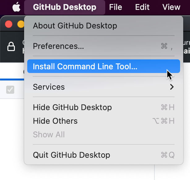 Mac 上的菜单栏的屏幕截图。 在展开的“GitHub Desktop”下拉菜单下,光标悬停在“安装命令行工具”上,以蓝色突出显示。
