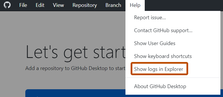 Windows 上的“GitHub Desktop”菜单栏的屏幕截图。 在展开的“帮助”下拉菜单中,标有“在资源管理器中显示日志”的选项以橙色标出。