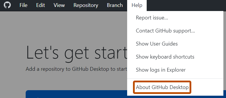 Windows 上的“GitHub Desktop”菜单栏的屏幕截图。 在打开的“帮助”下拉菜单中,标有“关于 GitHub Desktop”的选项以橙色突出显示。