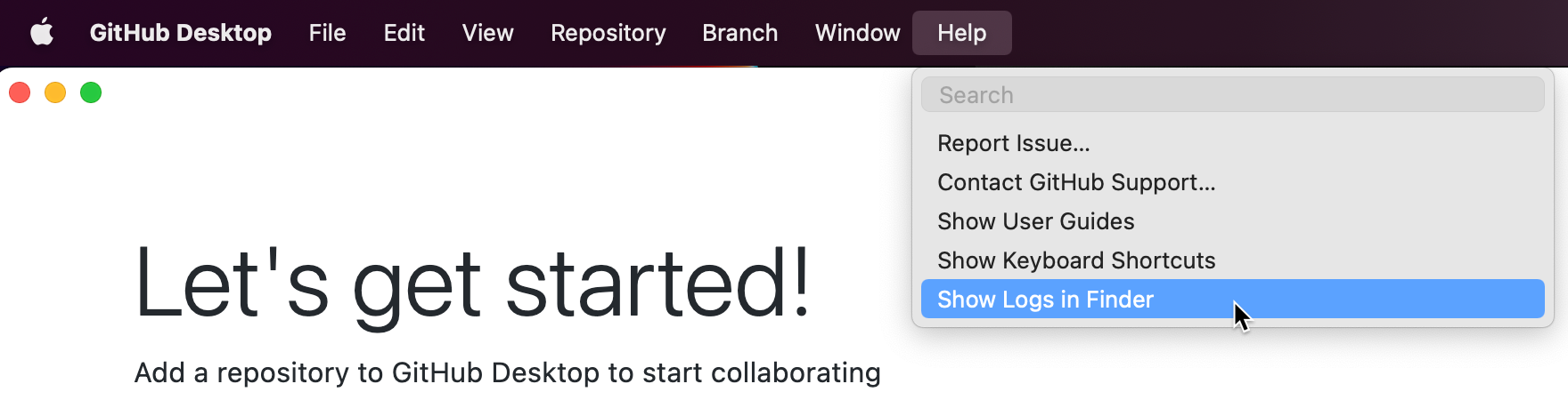Mac 上的“GitHub Desktop”菜单栏的屏幕截图。 在展开的“帮助”下拉菜单下,光标悬停在以蓝色突出显示的“在 Finder 中显示日志”上。