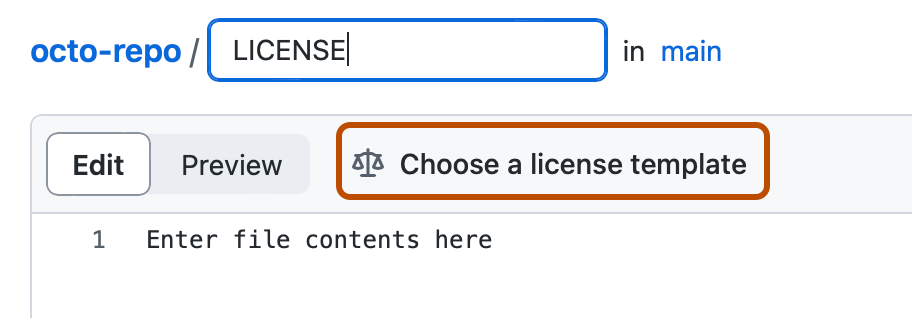 新文件窗体的屏幕截图,其中文件名字段中输入了“LICENSE”。 标有“选择许可证模板”的按钮以深橙色突出显示。