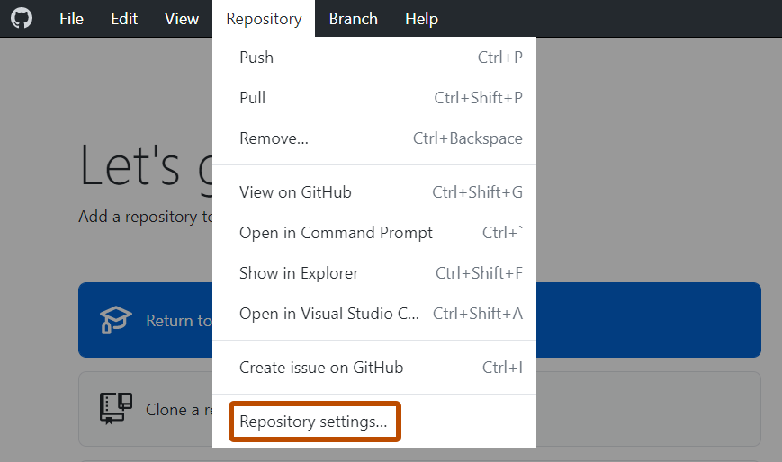 Windows 上的“GitHub Desktop”菜单栏的屏幕截图。 在打开的“存储库”下拉菜单中,标有“存储库设置”的选项以橙色突出显示。