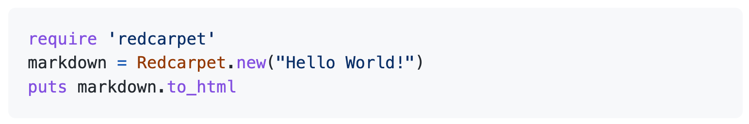 GitHub 上显示的三行 Ruby 代码的屏幕截图。 代码元素以紫色、蓝色和红色类型显示,使行在视觉上更易于扫描。