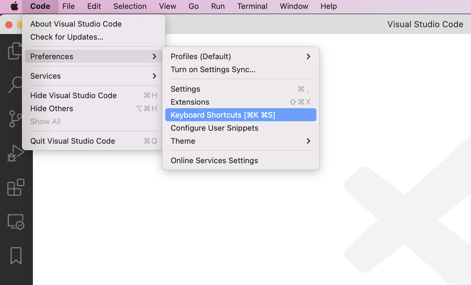 Visual Studio Code 中菜单栏的屏幕截图,其中展开了“代码”菜单。 在“首选项”子菜单中,“键盘快捷方式”选项以蓝色突出显示。