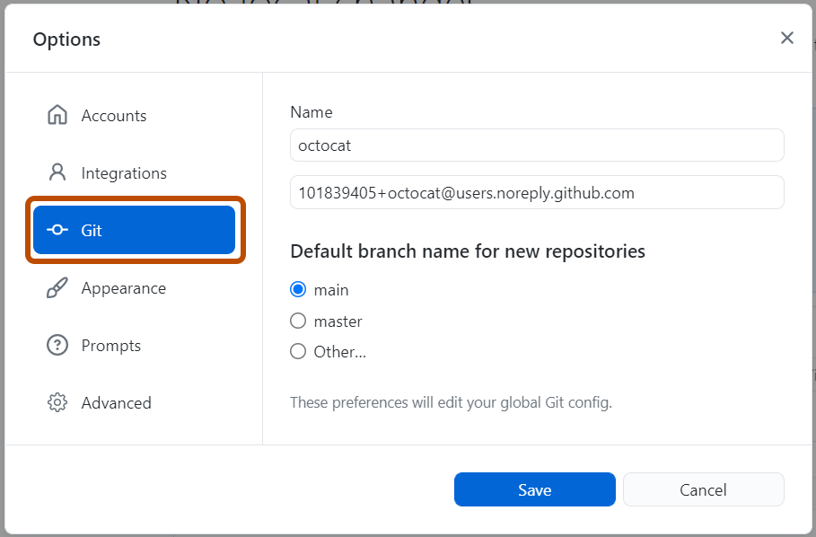 “选项”窗口中的“Git”窗格的屏幕截图。 在左侧边栏,“Git”选项呈蓝色突出显示,带有橙色轮廓。