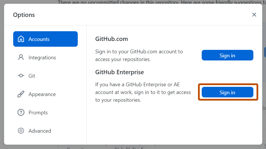 “选项”窗口中“帐户”窗格的屏幕截图。 在“GitHub Enterprise”旁边,标有“登录”的按钮显示橙色轮廓。