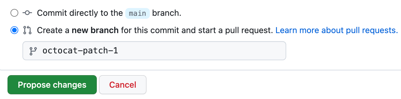 GitHub 拉取请求的屏幕截图,其中显示了一个单选按钮,用于直接提交到主分支或创建新分支。 已选择“新建分支”。