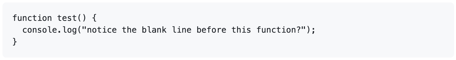 呈现的 GitHub Markdown 的屏幕截图,其中显示了三重反引号如何导致代码块以原始格式呈现。 代码块以“function test() {.”开头。