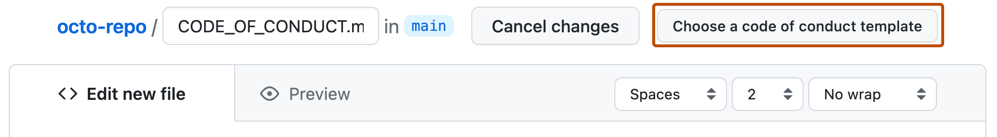 GitHub 存储库的屏幕截图,其中显示正在创建新 Markdown 文件。 右侧标记为“选择行为准则模板”的按钮以深橙色框出。