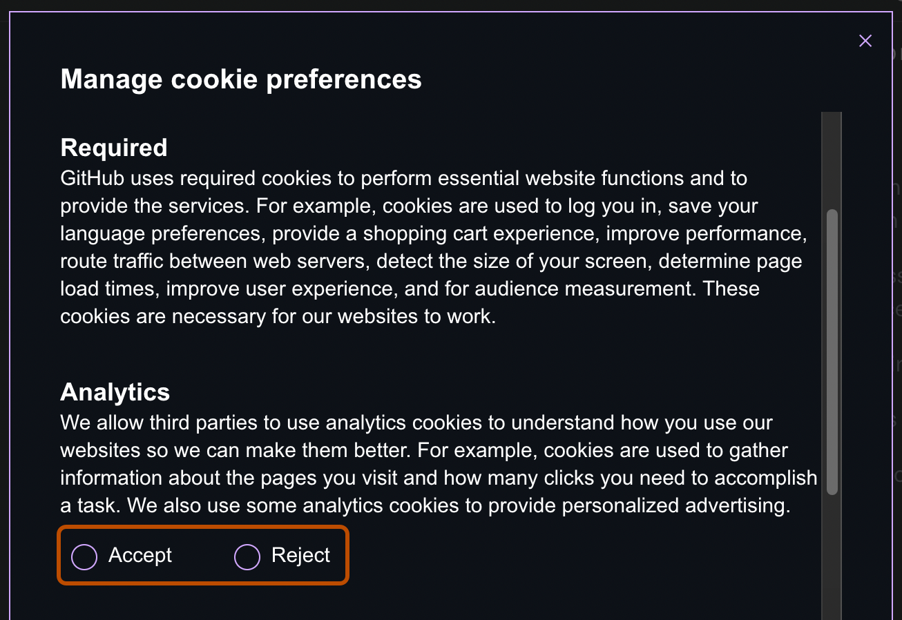“管理 Cookie 首选项”对话框窗口的屏幕截图。 在“分析”下,标有“接受”和“拒绝”的两个单选按钮以橙色显示。