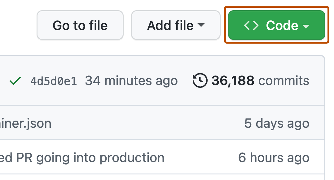屏幕截图显示了 GitHub 存储库中的文件选项。 标有“代码”且带有箭头(表示下拉菜单)的按钮以深橙色标出。
