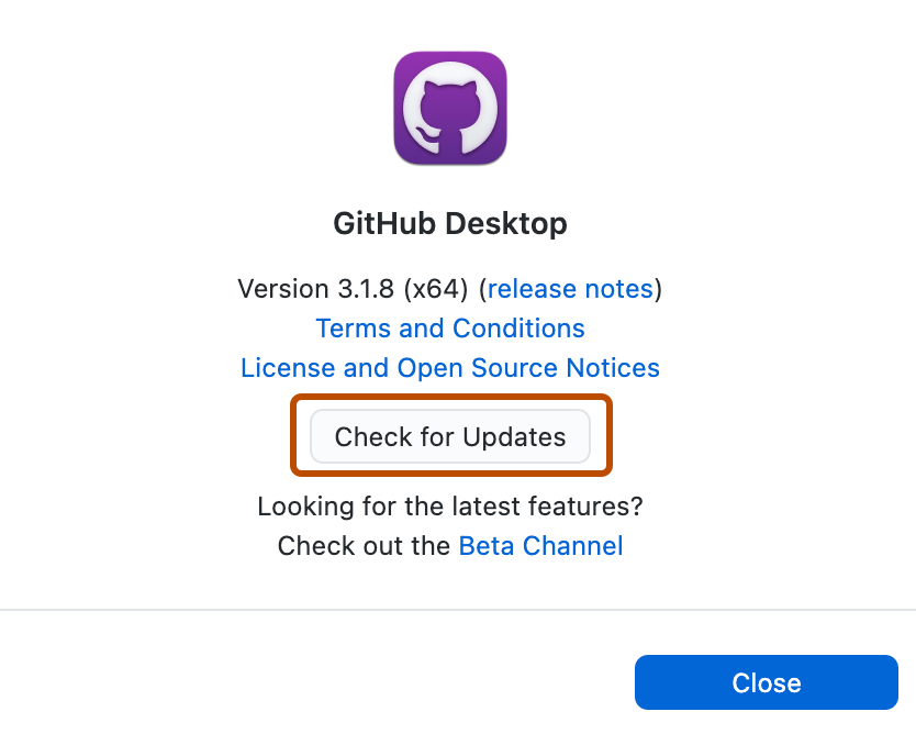 “GitHub Desktop”窗口的屏幕截图。 在版本详细信息和外部资源的链接下,标有“检查更新”的按钮显示橙色轮廓。