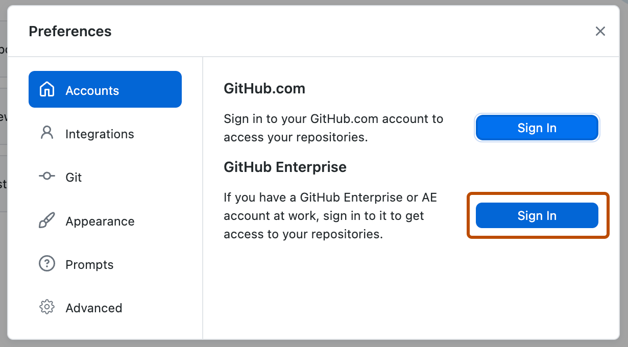 “首选项”窗口中的“帐户”窗格的屏幕截图。 在“GitHub Enterprise”旁边,标有“登录”的按钮显示橙色轮廓。