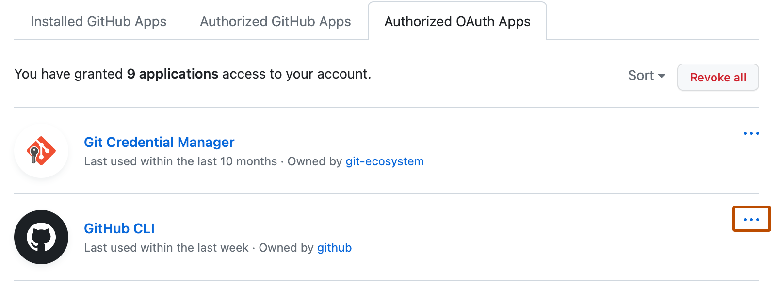 “已获授权的 OAuth apps”选项卡的屏幕截图。在应用名称的右侧,三个水平点的图标以橙色框出。
