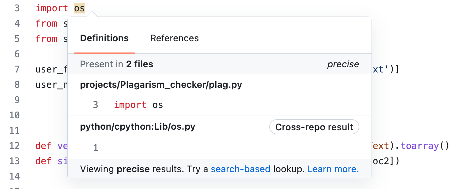 GitHub 上的代码文件的屏幕截图。 在“import o.s.”行中,模块名称“o.s.” 已突出显示,“定义”模式显示了标记有“跨存储库结果”的结果。