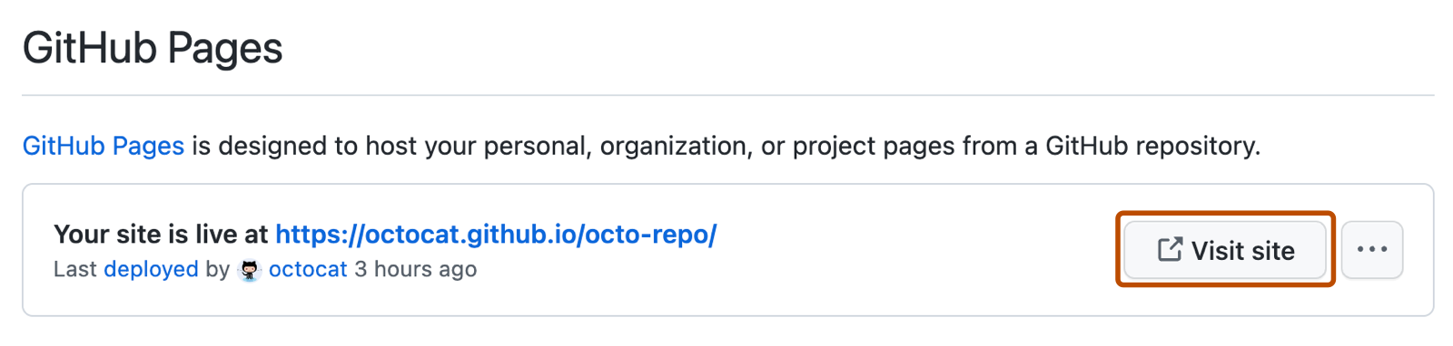 GitHub Pages 确认消息的屏幕截图,其中列出了站点的 URL。 在 URL 右侧,标有“访问网站”的按钮用深橙色框出。